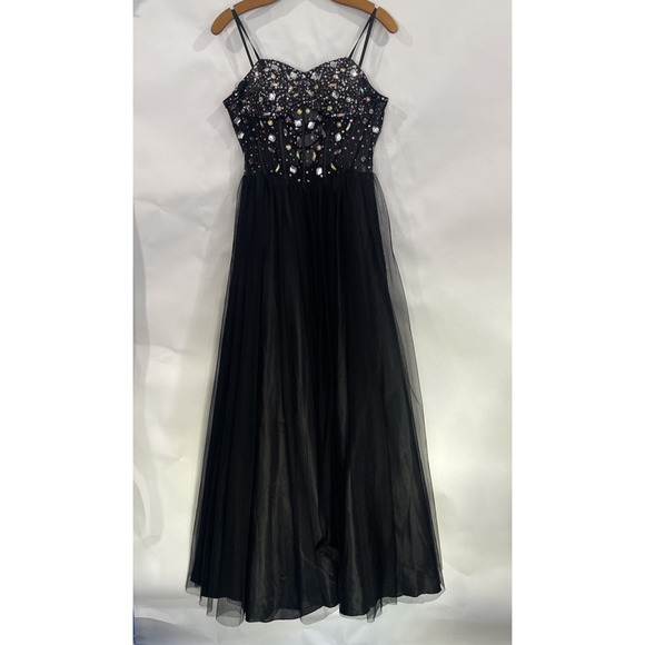 Blondie Niles Sz 9 Corset Gem Mesh Black Maxi Dress Event Sleeveless Romantic - Picture 1 of 16